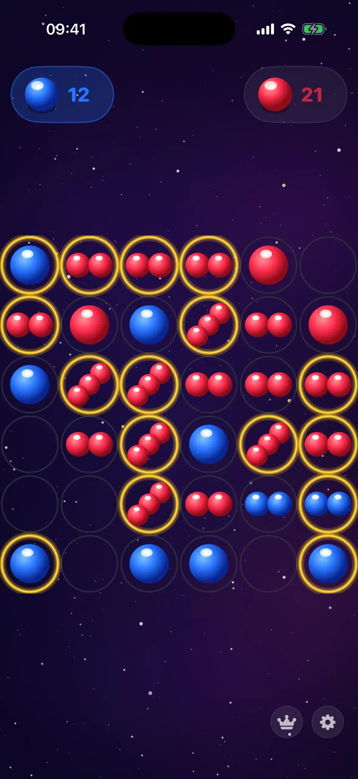 PlayCascade board with a chain reaction in the Galaxy theme